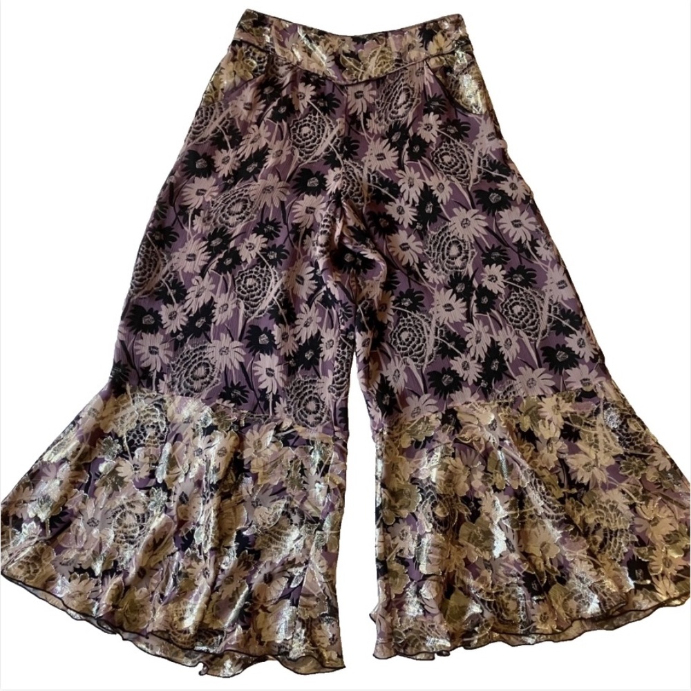 RARE Vintage 90s Anna Sui Wide Leg Bell Bottoms w/Metallic Floral Brocade 10